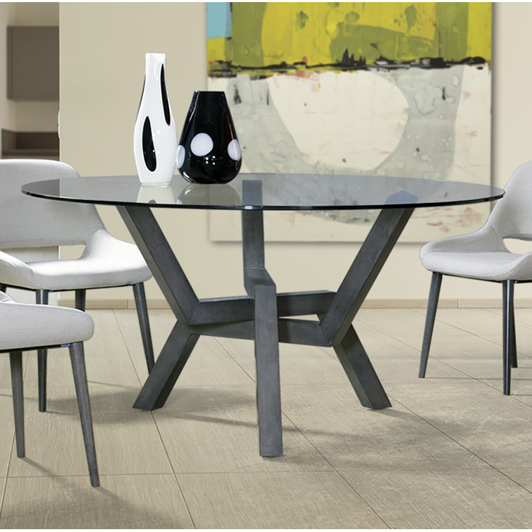 Maselli Round Glass Top Solid Wood Base Dining Table