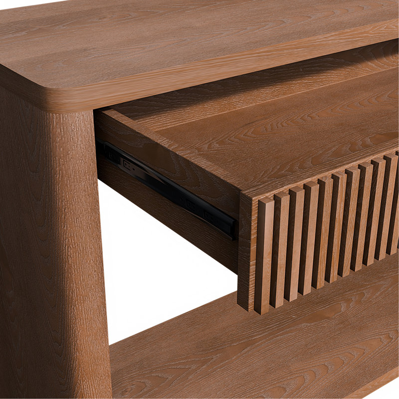 Console moderne à 2 tiroirs cannelés de 152 cm (60 po), en placage de bois naturel, idéale comme table d'appoint derrière un canapé, pour le salon, le corridor, l'entrée ou le bureau. Finition noyer.