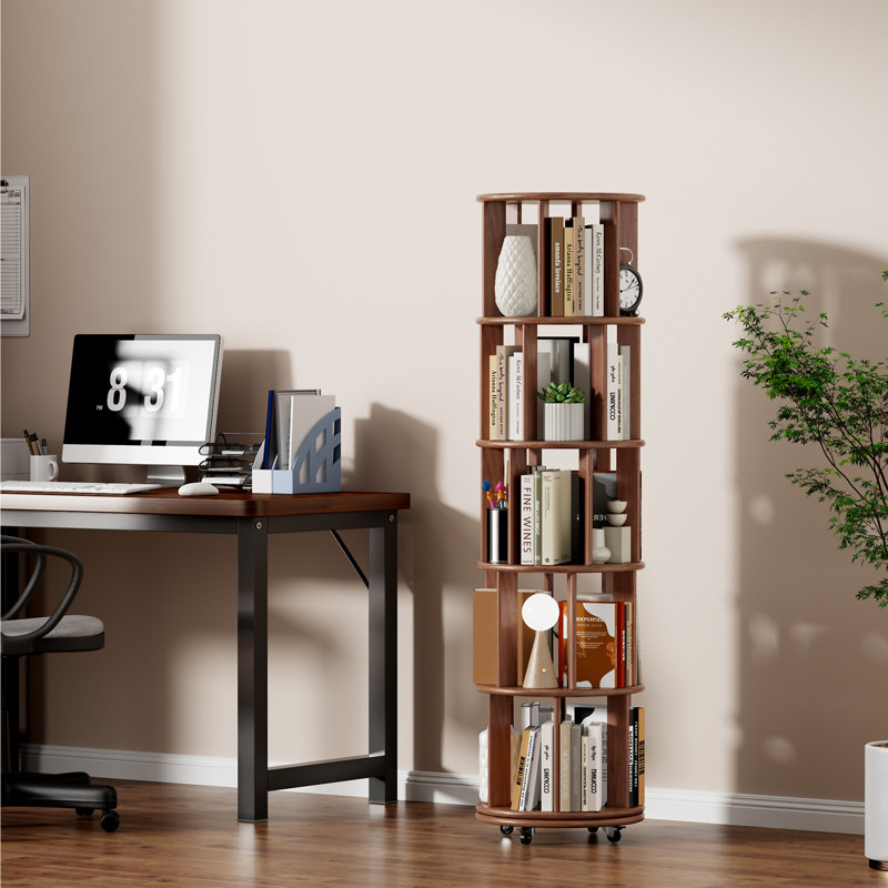 Bibliothèque rotative 100% bois massif sur roulettes, (5 tablettes) H 65 po x l 17,3 po x P 17,3 po