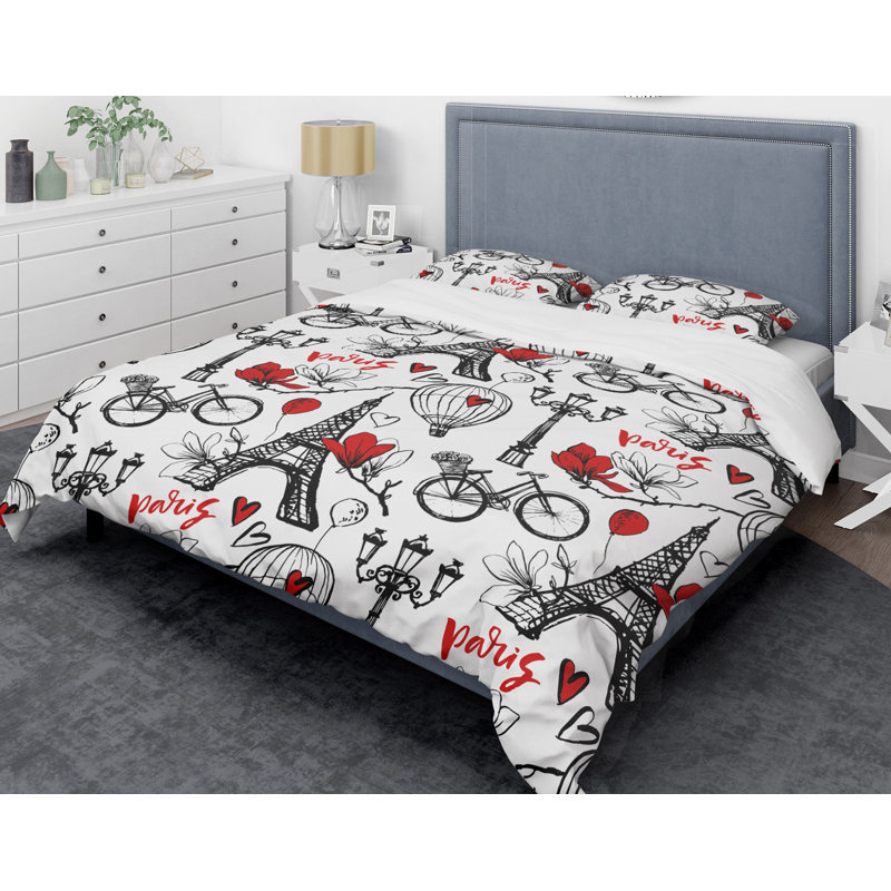 Paris Eiffel Red Hearts Twin Duvet Cover Set