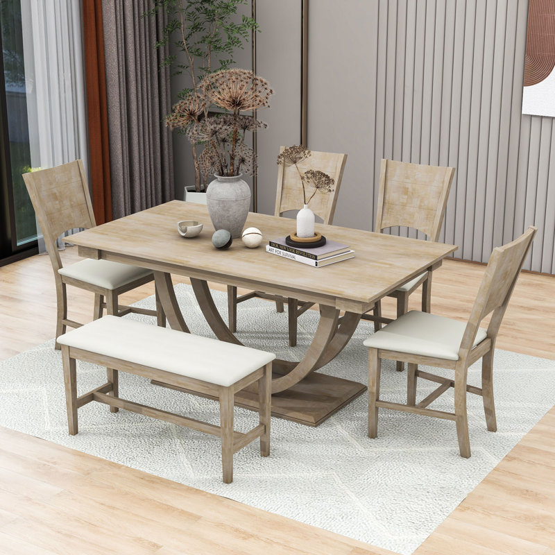 Burg 6 - Piece Pedestal Dining Set, Kitchen Table Set with Bench and 4 Dining Chairs, Natural