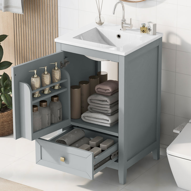  20" Bathroom Vanity with Sink, Soft-Close Cabinet with Door Rack & Bottom Drawer, Grey, Grey