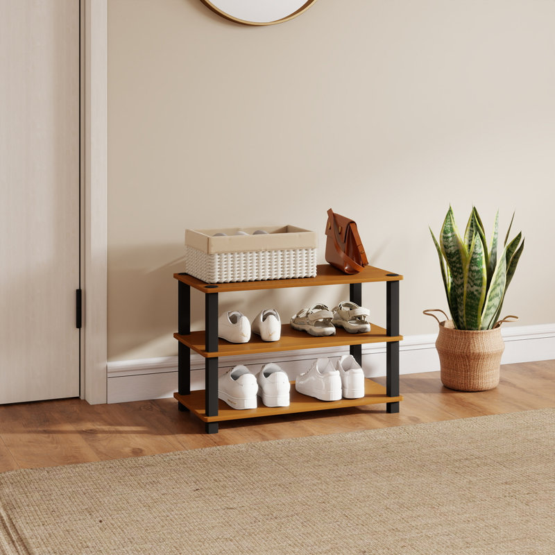 3-Tier 23.6"W Wood & PVC Tubes Shoe Rack, Shoe Shelf Holds up to 9 Pairs for Enterway, Brown Wood