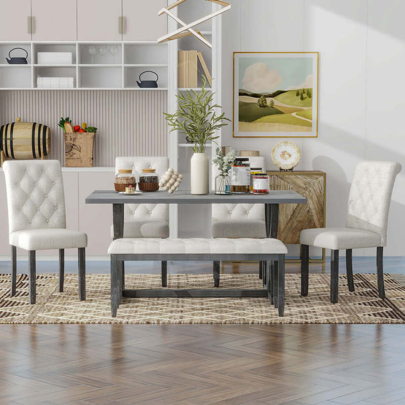 6-Piece Retro Rectangular Dining Table Set, Table With Unique Legs And 4 Upholstered Chairs & 1 Bench, Gray Wash, Gray Wash