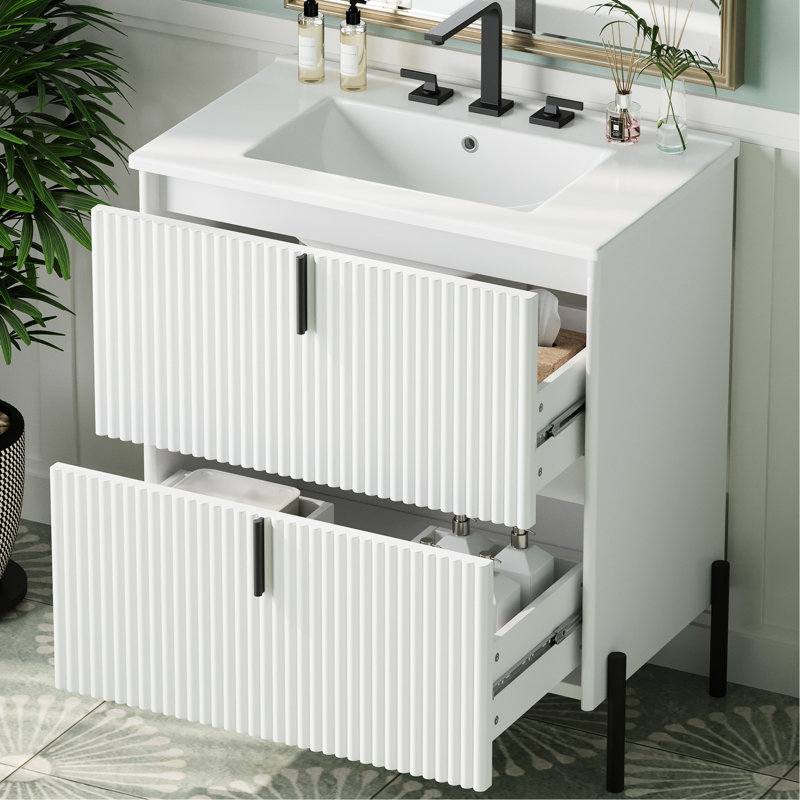 Meuble-lavabo blanc de 30 po avec lavabo en céramique, système de tiroir à fermeture en douceur, aspect cannelé et rangement optimal