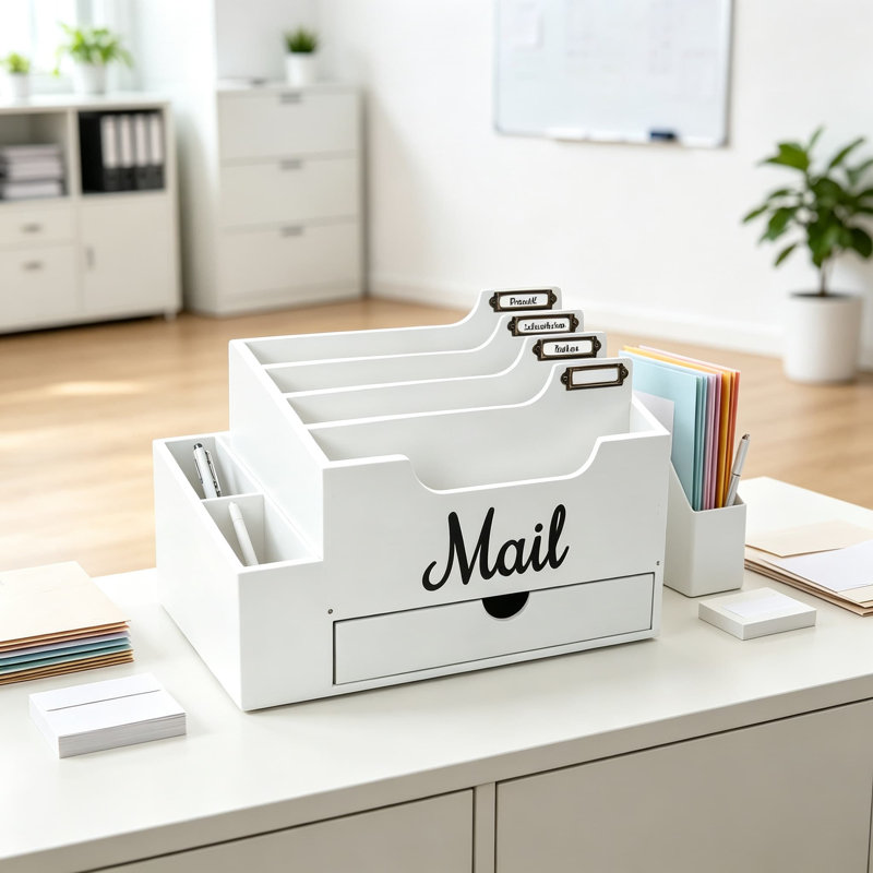 Organisateur de courrier en bois avec six compartiments et un tiroir