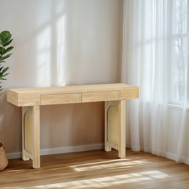 Console rustique étroite avec décorations en rotin et 2 tiroirs, Bois naturel
