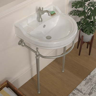 22in Console Sink With Semi-Circular Bowl, Solid Brass Leg Supports, Backsplash, Overflow and Front Towel Bar.