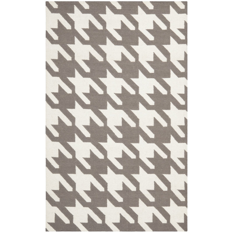 Tapis gris / ivoire en laine / coton tissé à la main à plat à motif de pied-de-poule Rodgers, Rectangle 4 pi x 6 pi