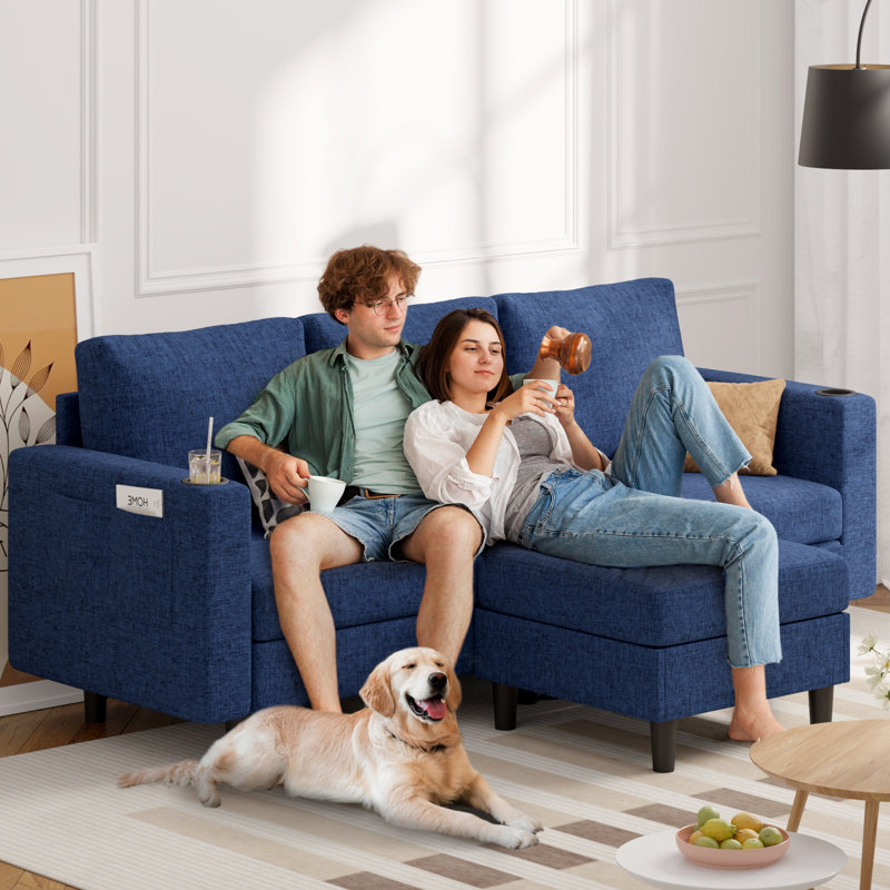 Modern L-Shaped Sectional Sofa with Chaise USB Charging Port and Storage, Blue Linen