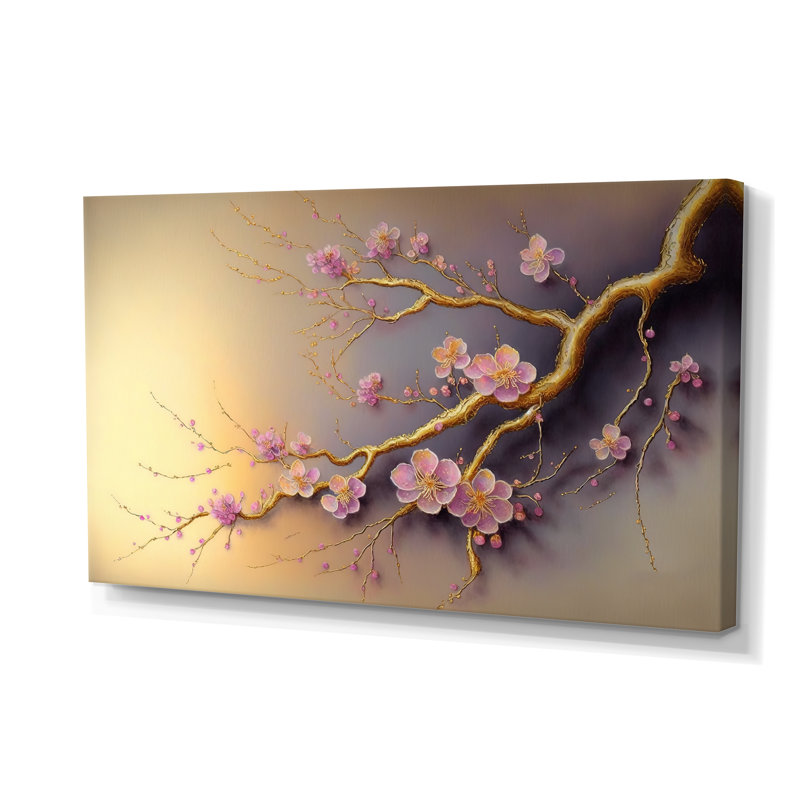 Rose et prune fleur de cerisier branche VII - art mural moderne sur toile, H 40 po x l 60 po