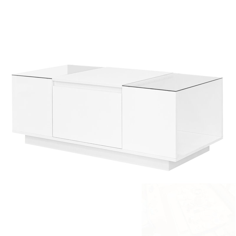 Table basse à DEL avec plateau de table en verre, rangement ouvert et 2 tiroirs cachés, Blanc