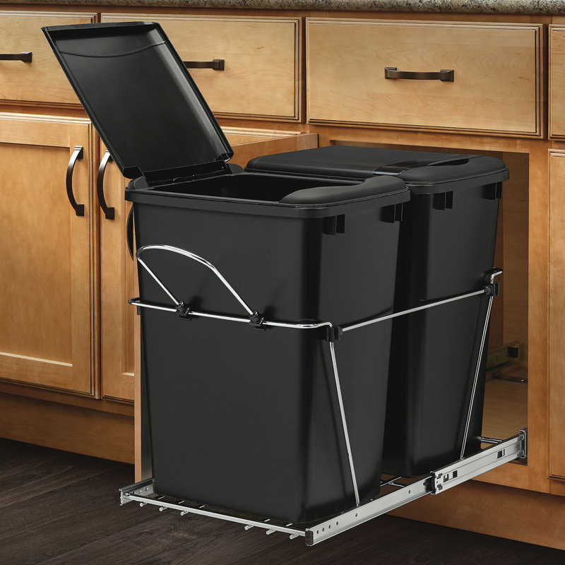 Rev-A-Shelf Double Pull Out Trash Can 35 Qt for Kitchen, 35 quart, Black