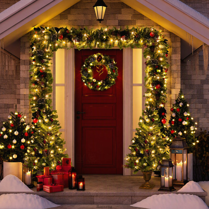 Ensemble de Noël 4 pièces avec guirlande, couronne, 2 arbres d'entrée et lumières DEL