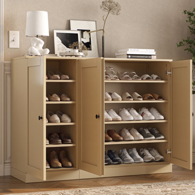 100% Solid Wood Shoe Storage Cabinet with Shaker Doors, Adjustable Shelves, Space Saving Modular Entryway Organizer, 48.5" W x 35.75" H