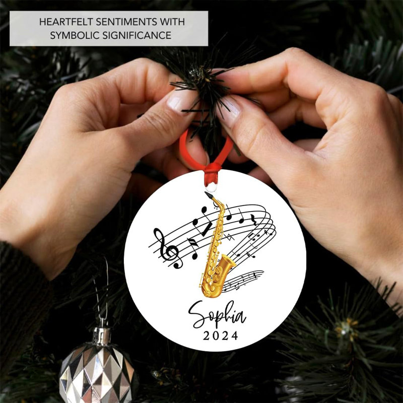Décoration de Noël personnalisée en métal ornement saxophone notes noires, Oui