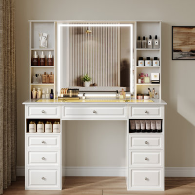 Ensemble de coiffeuse blanche de style européen avec très grand miroir éclairé, coiffeuse en verre avec 9 tiroirs, coiffeuse avec banc de rangement, luminosité réglable - idéale pour la chambre à coucher