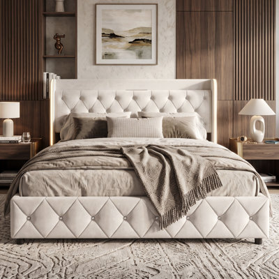 UK Velvet Ottoman Storage Bed with Marquee LED & USB-C, Glam Diamanté Tufted Upholstered Bed Frame, Beige
