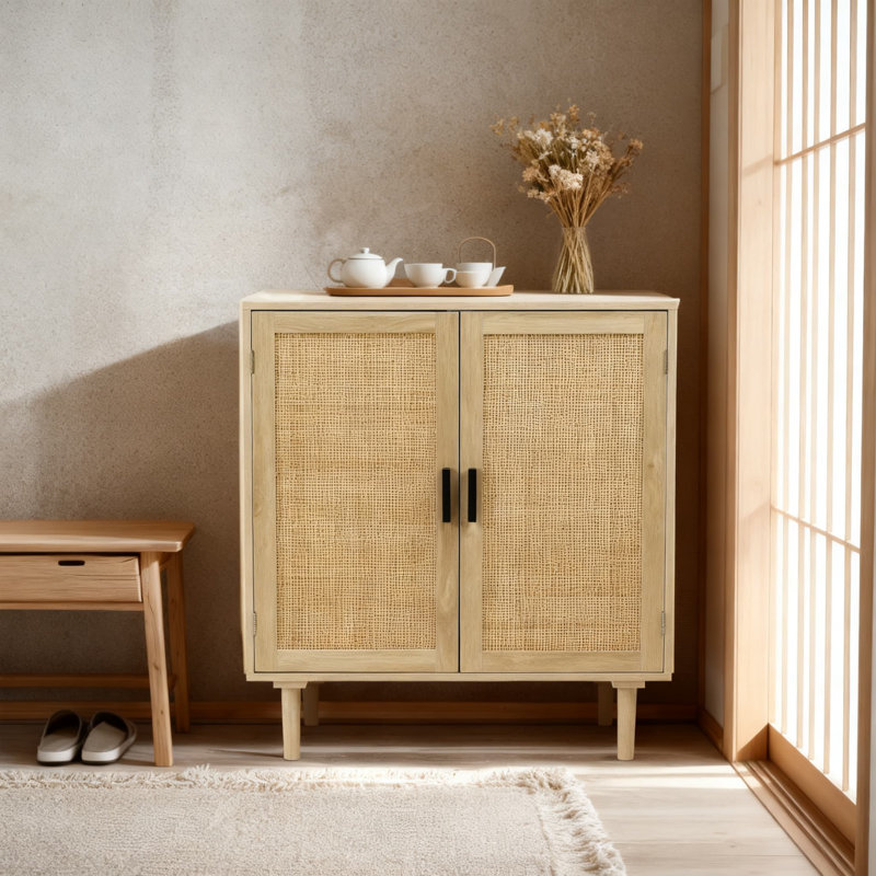 Buffet en rotin avec portes tissées à la main - Buffet de rangement multifonctionnel pour la salle à manger, la cuisine et le couloir - Console grande capacité avec tablette