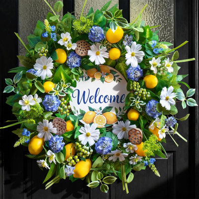 Couronne artificielle de citron et de fleurs pour la porte d'entrée, décor de porte de campagne de printemps et d'été avec décorations de marguerites et d'hortensias