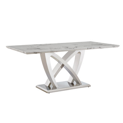 70'' Rectangle Marble Dining Table With Mirrored Stainless Steel Legs And Modern Design, Large Size For 6 - 8 In Kitchen Legs, Family Parties