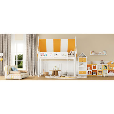 Lit mezzanine simple blanc avec auvent, lumières à DEL et étagère à livres - auvent à blocs de couleurs pour une zone de sommeil confortable et agréable, lumière douce perlée la nuit, œuvres d'art à livres, cadre en bois, espace de jeu spacieux