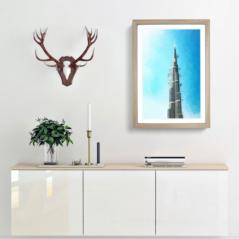 Point of the Burj Khalifa in Dubai in Abstract - Picture Frame Graphic Art Print, 91cm H x 60cm W x 2cm D, Oak