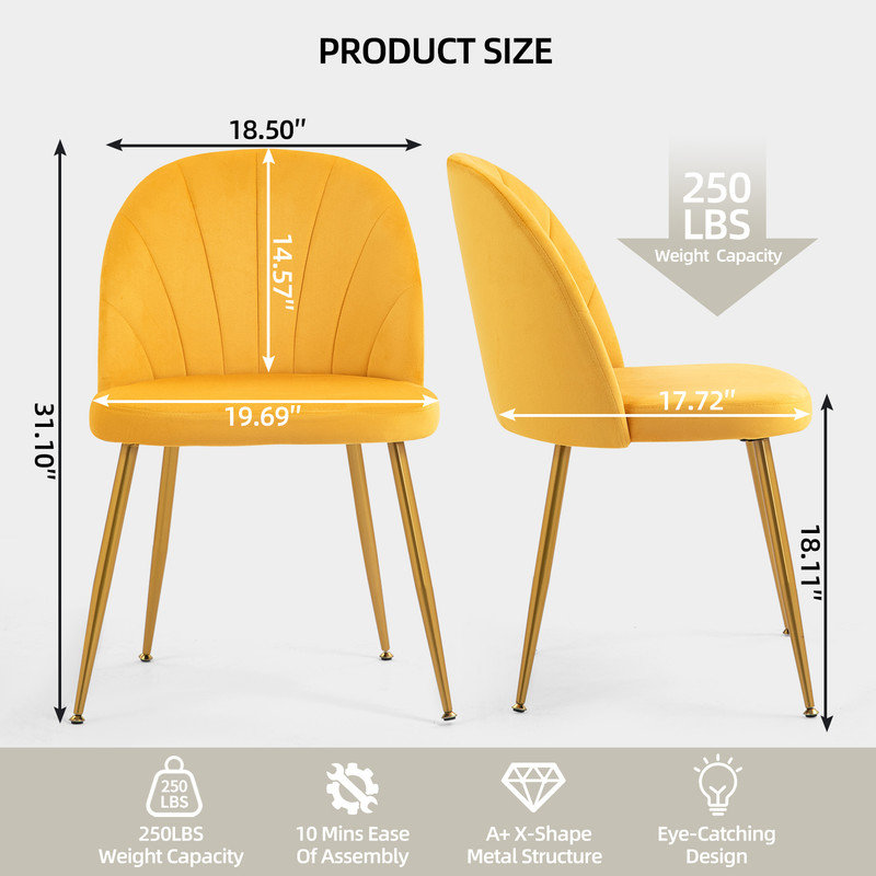 Modern Velvet Armless Side Dining Chairs, Yellow