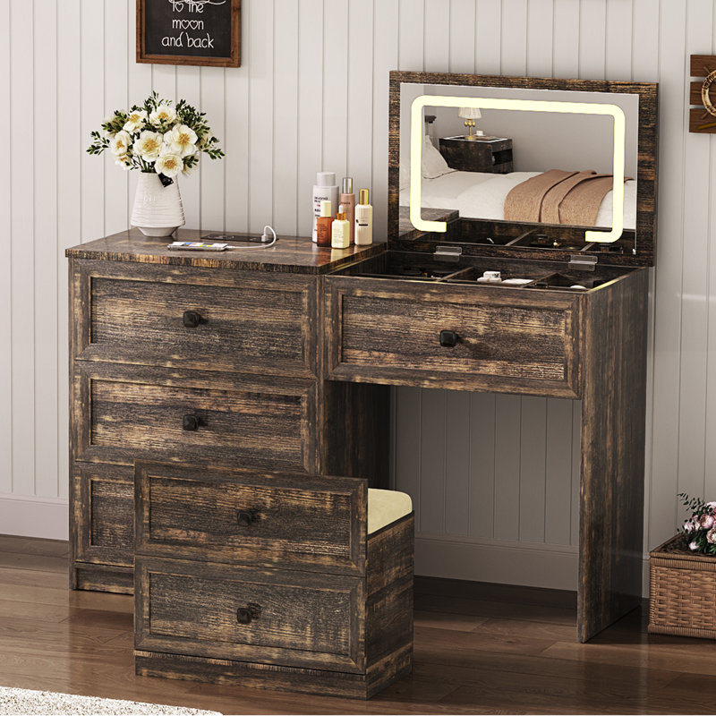 Modern Vanity Dresser With Led Mirror And Wireless Charging, Brown