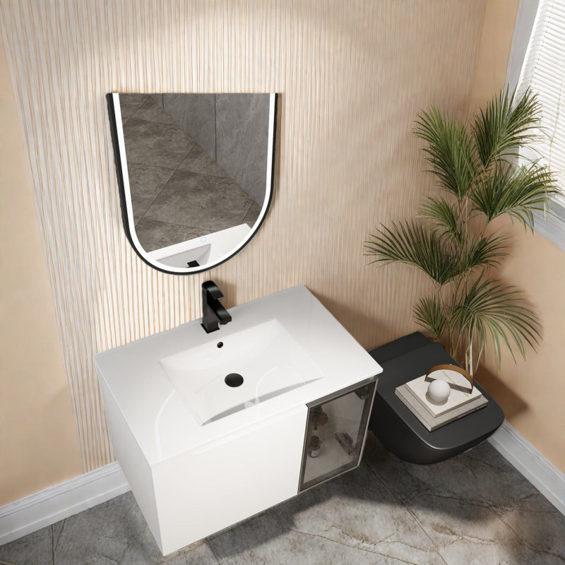 Meuble-lavabo mural moderne avec lavabo, blanc brillant et gris, compact pour salle de bain