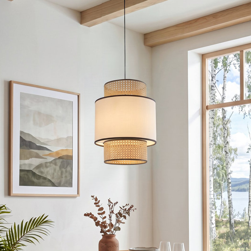 - Light Pendant, Beech Wood Colour；White, Fabric, 30