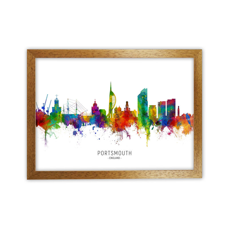 Portsmouth England Skyline by Michael Tompsett - Print, 25cm H x 34cm W x 3cm D, Brown Framed
