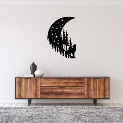 Howling Moon Metal Wall Art - Wolf Silhouette Night Sky Decor - Full Moon Wildlife Design - Rustic Cabin Lodge Wall Hanging - Modern Industrial Metal Sculpture - Nature Inspired Home Decor - Bold Statement Art Piece