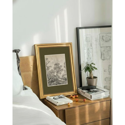 Vintage Woodland Landscape Sketch Framed Wall Art - Gold Framed Classic Black and White Traditional Drawing for Living Room, Study & Hallway