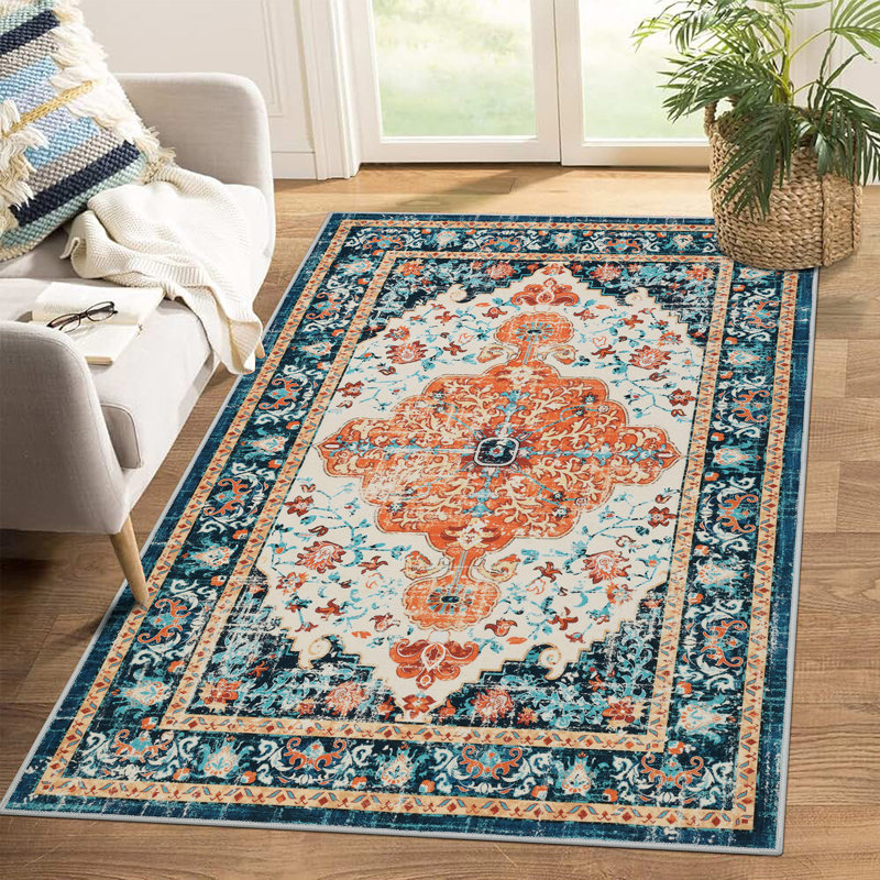 Boho Oriental Area Rug Non-slip Washable Low Pile Carpet, Rectangle 3'× 5', Blue/Orange