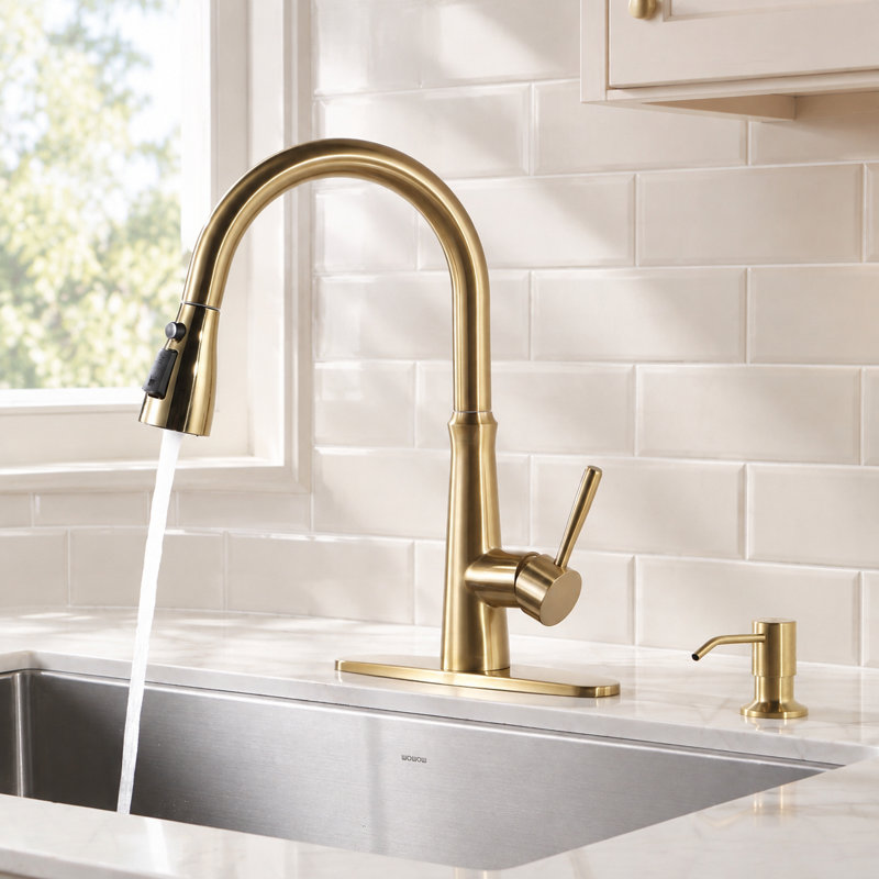 Pull Down Kitchen Faucet with Soap Dispenser, Gold