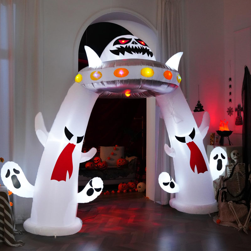 Arche gonflable géante d'Halloween de 3,35 m (11 pieds) en forme de fantôme et d'OVNI, avec souffleur intégré, yeux rouges à intensité variable et lumière changeante. Décoration extérieure idéale pour une porte ou un jardin. Cadeau parfait pour une fête sur la pelouse.