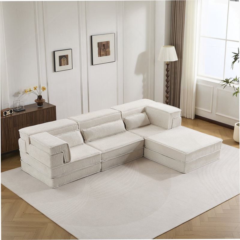 Canapé à compression Boneless, canapé convertible au sol, canapé modulaire à bricolage Boneless, aucun assemblage requis, tissu polaire circulaire, surdimensionné à 4 places avec 3 coussins, blanc