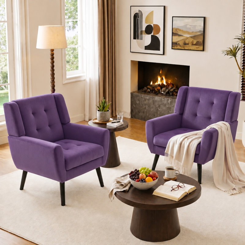 Tufted Upholstered Wide Back Armchair（Set of 2）, Purple Velvet