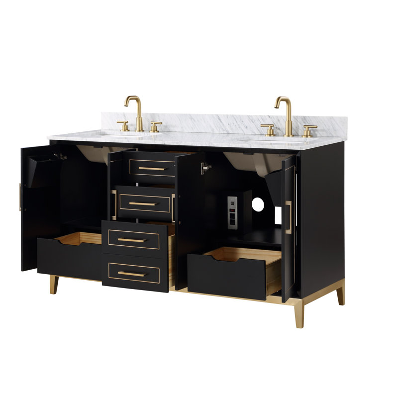 Gracie 60'' W Double Vanity, Midnight Black, Carrara Marble
