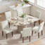 Ensemble de table de salle à manger moderne extensible pour 4 à 11 personnes avec rangement caché, table convertible ronde à ovale et chaises rembourrées en tissu-133948229-133948227