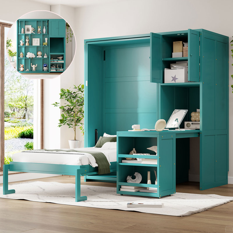 Lit escamotable mural simple avec bibliothèque, armoire supérieure, bureau extensible et rangement latéral, Bleu