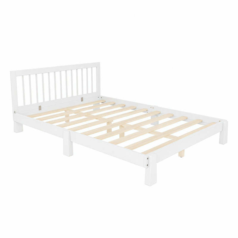 Lit double sur pied en bois Montessori avec garde-corps, lit de jour convertible 3-en-1 en lit plateforme pour enfants, cadre de lit multifonctionnel pour chambre de garçon, blanc