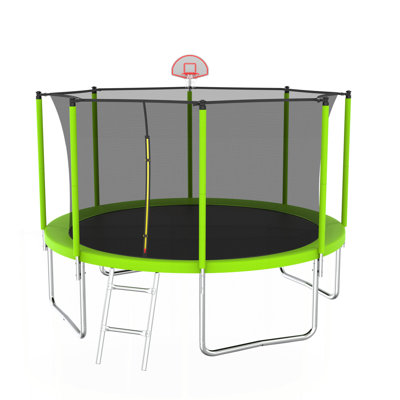 12FT Trampoline Green For Kids & Adults With Basketball Hoop And Ball ,Recreational Trampolines With Safety Enclosure For Back Yard Outdoor