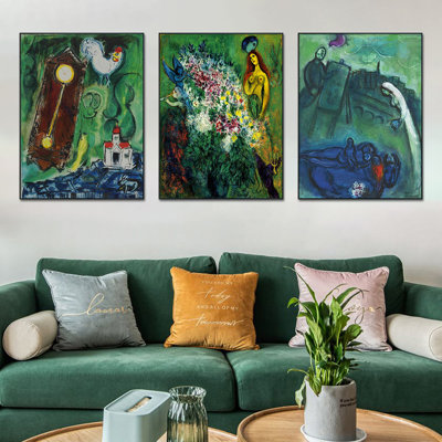 "Art encadré", ensemble de 3 toiles par Marc Chagall, série d'art mural n ° 34 pour les décorations de bureau à domicile (cadre de couleur bois mince, 18 po x 24 po chaque pièce)