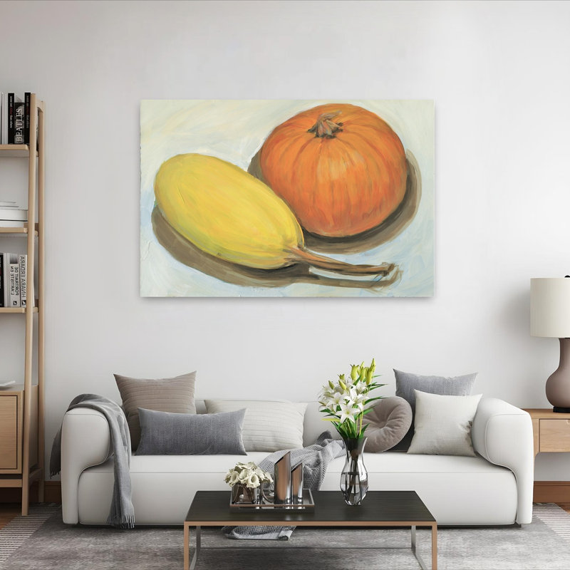Citrouille et courge spaghetti abstraite, art contemporain de paysage de fruits, H 40 po x l 60 po