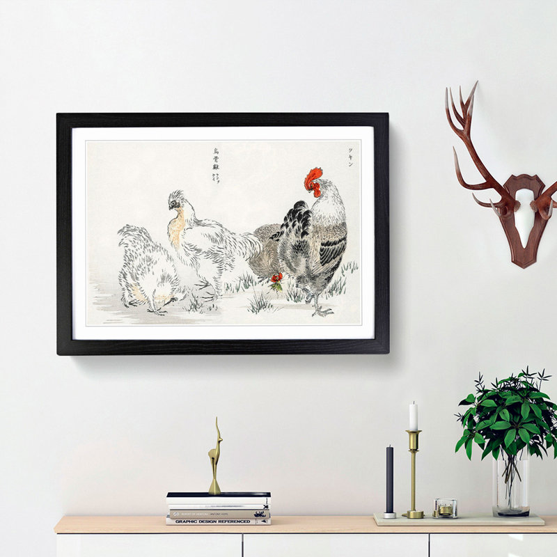Cock and Hens by Numata Kashu - Picture Frame Painting Print, Black Framed, 48cm H x 65cm W x 2cm D