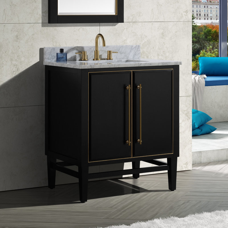 Mason 30" Single Bathroom Vanity with Carrara Marble Top, Navy Blue, Carrara White, Matte Gold