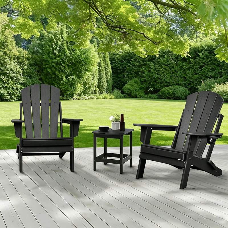All-Weather High-Density Polyethylene (HDPE) Foldable Adirondack Chair With Table, Two-Piece Set, Black