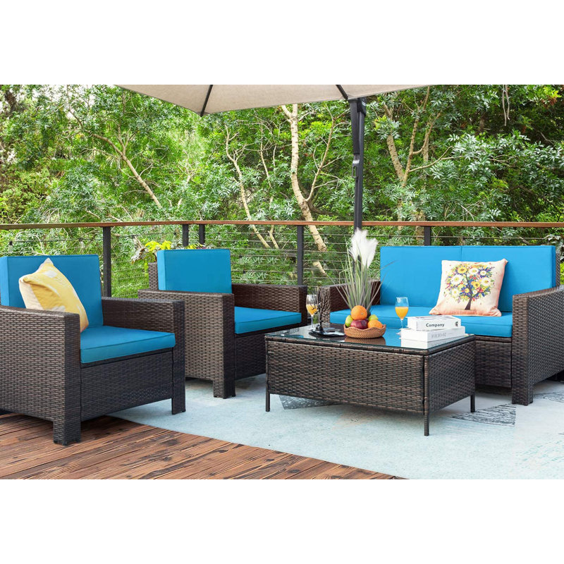 Finnmark 4 - Person Patio Conversation Set with Cushions, Brown, Blue